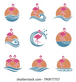 collection of pink flamingo emblems with sun and waves