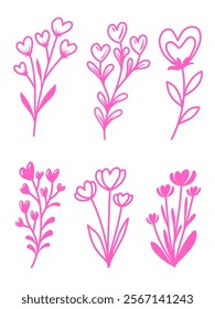 Collection of pink floral illustrations with heart-shaped petals and stems. Suitable for romantic designs, Valentine's Day themes, and creative projects.