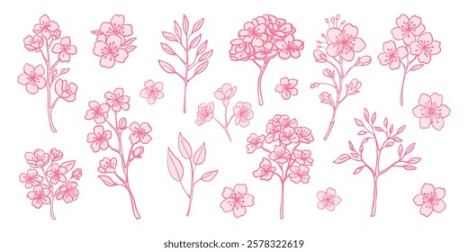 A collection of pink flowers and leaves. The flowers are drawn in a variety of styles and sizes, with some appearing to be more delicate and others more bold. Scene is one of beauty and tranquility