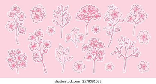 A collection of pink flowers and leaves. The flowers are drawn in various sizes and styles, with some appearing to be more delicate than others. Scene is one of beauty and serenity, with the flowers