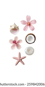 Collection of pink flowers and tropical sea elements.