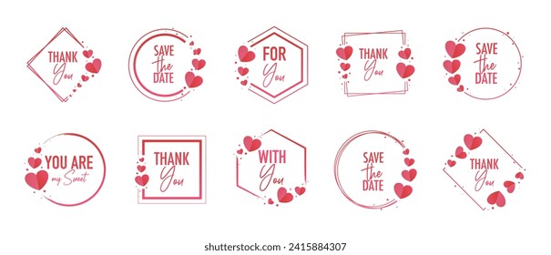 Collection of pink frames with hearts and text for love day. Vector element illustration