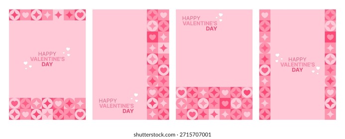 Colección de patrones geométricos rosas con corazones y texto de Feliz Día de San Valentín. Fondo romántico para tarjeta de felicitación, redes sociales y póster.