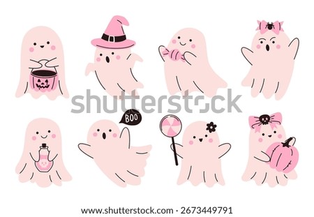 Collection of pink ghosts in cartoon style with witch hat, bows, pumpkin, potion and candy. Hand drawn spooky Halloween characters set. Cute magic spirits with different emotions. Vector illustration.