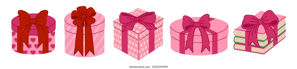 Collection of pink gift boxes adorned with elegant bows, perfect for Valentine's Day, anniversaries, marriages, weddings, dates, romantic celebrations. Stack of books. Set of christmas presents. 