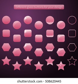 Collection of  pink glossy buttons or app banners with different gloss reflection effect and various forms for your design. Vector.  Eps10.