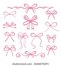 Collection of pink hand drawn bows in different styles. Ideal for decorative elements, fashion design, packaging, gifts, and romantic visuals.