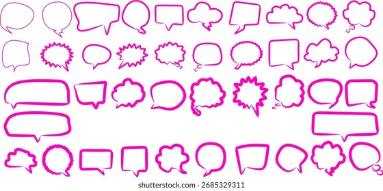Colección del discurso cómico dibujado a mano de color rosa y burbujas de pensamiento en varias Formas. Ideal para dibujos animados, garabatos, diálogo, mensajería y Diseño gráfico creativo.
