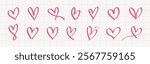 A collection of pink hand-drawn hearts on a grid background. Each heart is unique, showcasing various styles and shapes. Pink hearts on grid, hand-drawn and artistic. Valentines doodle vector set.