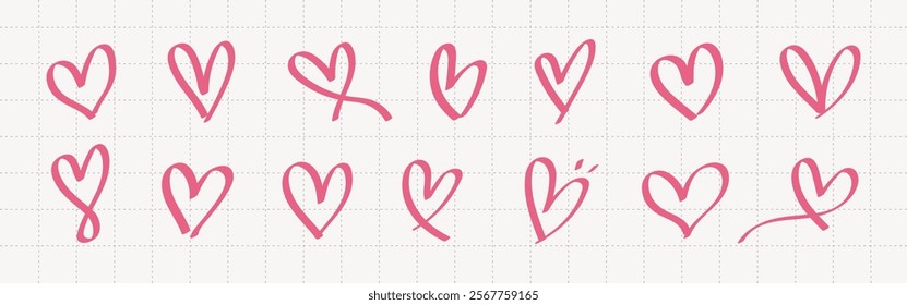 A collection of pink hand-drawn hearts on a grid background. Each heart is unique, showcasing various styles and shapes. Pink hearts on grid, hand-drawn and artistic. Valentines doodle vector set.