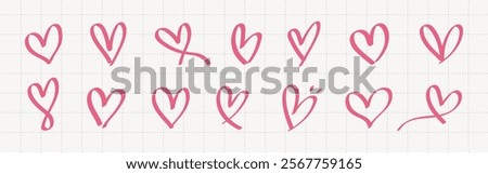 A collection of pink hand-drawn hearts on a grid background. Each heart is unique, showcasing various styles and shapes. Pink hearts on grid, hand-drawn and artistic. Valentines doodle vector set.