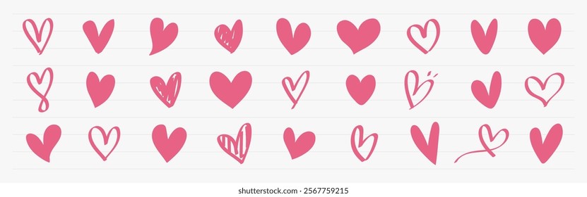 A collection of pink heart doodles on lined paper. Various heart shapes, pink hearts, doodle hearts, lined paper. Playful pink heart designs. Valentines doodle vector set.