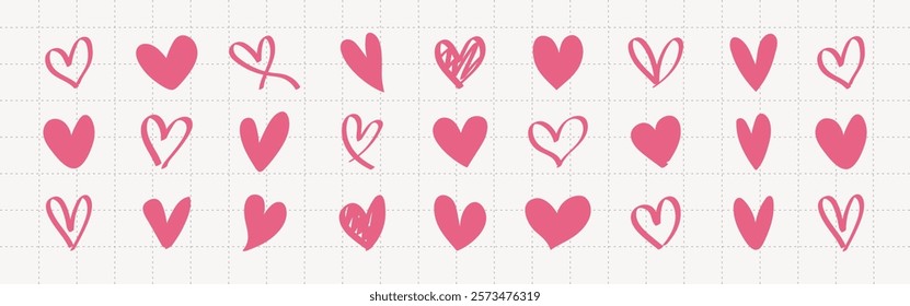 Collection of pink heart doodles in various styles. Heart shapes in pink, hand-drawn hearts, pink heart doodles on a grid. Playful pink heart designs. Valentines doodle vector set.