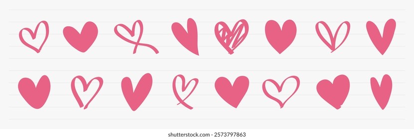 A collection of pink heart doodles. Various heart shapes, pink hearts, hand-drawn hearts. Playful pink heart designs, heart illustrations, pink doodles. Valentines doodle vector set.