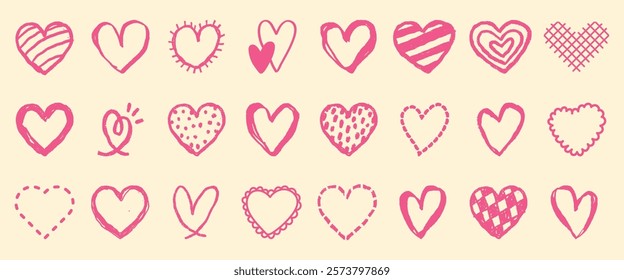 Collection of pink heart doodles in various styles. Hand-drawn hearts, pink hearts, and doodle hearts create a playful, romantic pattern. Valentine's element vector set.