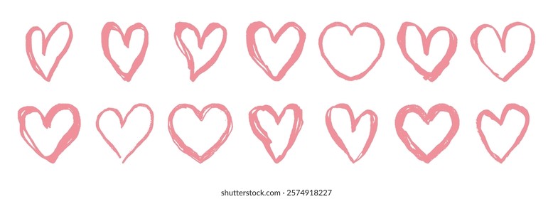 A collection of pink heart illustrations. Pink hearts in various styles. Hand-drawn pink hearts, perfect for romantic designs. Pink heart pattern. Valentine's element vector set.