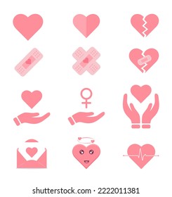 Collection of pink hearts,  broken and fixed with bandage,  hearts in hands, love letter, heartbeat and emoji