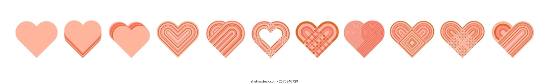 Collection of  pink hearts made in line style. Unique vector symbols for Valentine's day, wedding. Love and romantic theme.