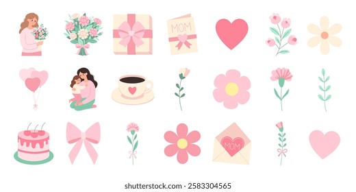 A collection of pink icons including flowers, hearts, and a cake. The icons are arranged in a grid and are all pink in color