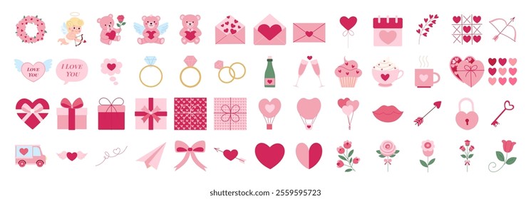 A collection of pink icons including hearts, a teddy bear, a cupcake, a ring, a bouquet, a key, a cup, a vase, a cupcake, a cup, a ring, a bouquet, a key