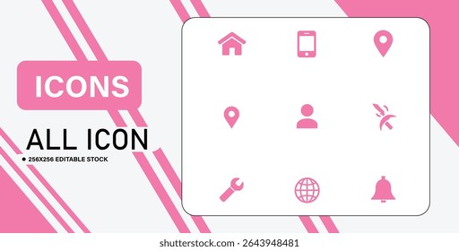A collection of pink icons including home, phone, location, user, tools, globe, and notification bell.