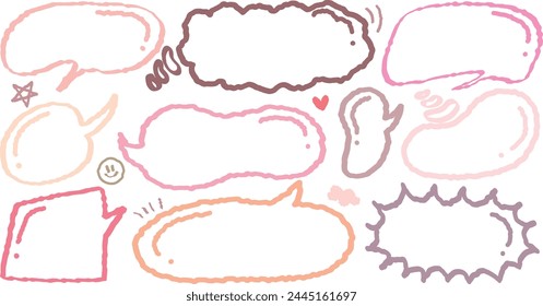 Collection of pink out line cute dialog box. Hand drawn with crayon drawing memo sticker. Doodle style chat frame for text. Cartoon conversation balloon. Set of speech bubbles in flat short message. L