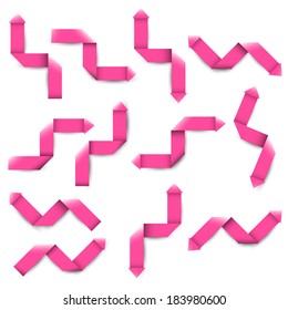 Collection of the pink paper arrows on the white background