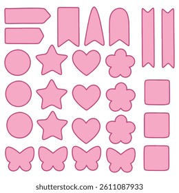 Collection of pink paper shapes including stars, hearts, labels, banners, circles and butterflies for scrapbooking or crafts
