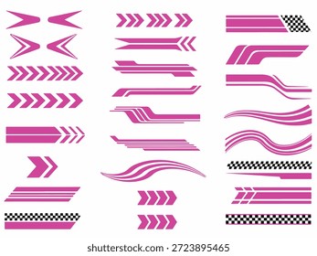 A collection of pink racing stripes and graphics, perfect for adding a sporty touch to any vehicle. Includes arrows, waves, and checkered patterns.