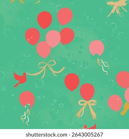 A collection of Pink and Red balloons with a Birds on Green background.