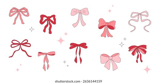 A collection of pink and red hand-drawn bow illustrations in a minimalistic style. Bowknot for decoration, big set of pinky bowtie. Large retro hand drawn ribbon illustration set. Vector illustration