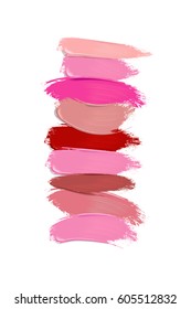 Collection of pink red and purple lipstick smears on white background. Beauty and makeup. Vector illustration