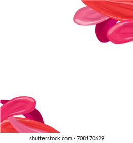 Collection of pink red and purple lipstick smears on white background and place for your text. Beauty and makeup illustration. Makeup design Cosmetic concept of liquid lipstick smear strokes.