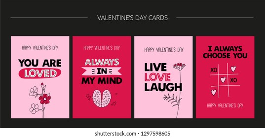 Collection of pink and red Valentine's day cards. Hand drawn vector design. 
