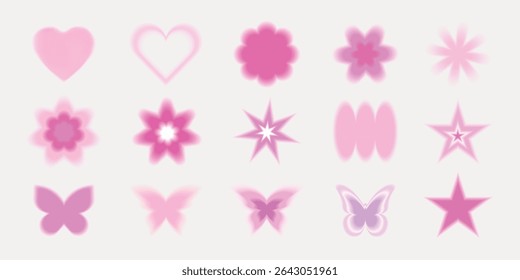 A collection of pink shapes including hearts, flowers, stars, and butterflies. Various pink designs in soft, blurred styles. Pink shapes for creative projects. Cute glowing element set vector.