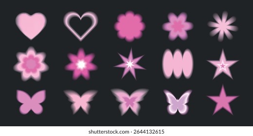 A collection of pink shapes including hearts, stars, flowers, and butterflies on a dark background. Vibrant pink shapes add a playful, whimsical touch. Cute glowing element set vector.