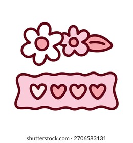 A collection of pink stickers including a cluster of flowers and a strip of hearts. Romantic and cute decorative elements ideal for embellishing journals, letters, and crafts.