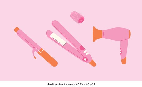 collection of pink styling tools, hair curler, hair straightener, hair roller, dryer, salon routine clipart flat design 
