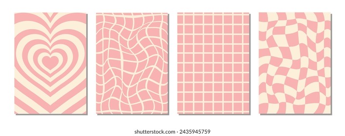 Collection of pink trendy backgrounds in trendy groovy style. Set of backgrounds with heart, wave, chessboard. Vector illustration. 
