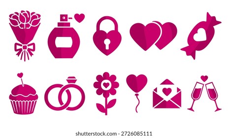 Collection of pink valentine elements including perfume bottle rings and love lock