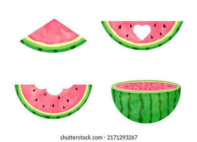 Colección de sandías rosas desde diferentes ángulos. Conjunto vectorial de frutas de verano. Uso para afiches, carteles, carteles, recortes, pegatinas, decoraciones, cubiertas.