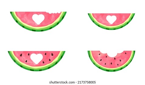 Collection of pink watermelons from different angles. Vector set of summer fruits. Use for posters, banners, posters, scrapbooking, stickers, decorations, covers.
