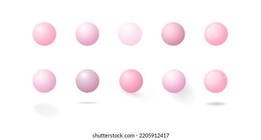 Collection of pink to white 3d rendered bubble spheres with different perspective of shadows, isolated on white background. Pastel pink, dark pink, hot pink, and pinkish white pearls. Editable Vector.