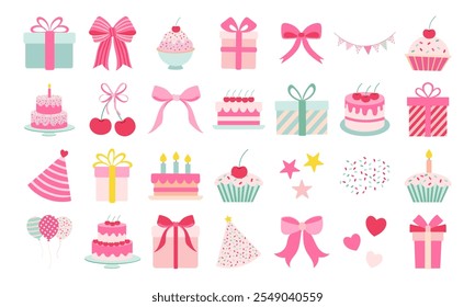 A collection of pink and white birthday party decorations including cakes, balloons, and presents. The decorations are all in a fun and playful style, perfect for a child's birthday party