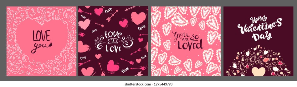 Collection of pink, white colored Valentine's day card, sale and other flyer templates with lettering. Typography poster, card, label, banner design set. Vector illustration EPS10. hand drawin.