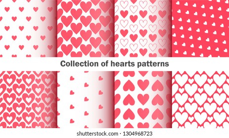Collection of pink and white hearts pattern/ Set of seamless vector red love backgrounds/ Stylish Valentine's day wallpapers