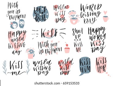 Collection of pink,red, black, white colored Kiss day, valentine's day hand drawn lettering. Perfect for typography poster, card, label, banner design set. Vector illustration EPS10.