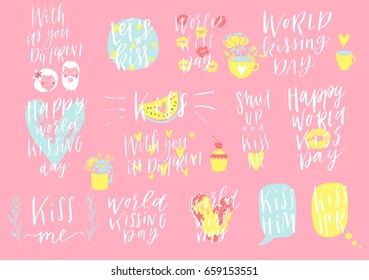 Collection of pink,red, black, white colored Kiss day, valentine's day hand drawn lettering. Perfect for typography poster, card, label, banner design set. Vector illustration EPS10.