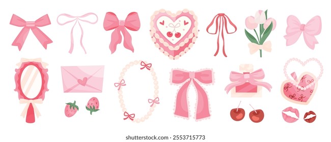 A collection of pink-themed decorative elements including bows, hearts, flowers, strawberries, cherries, and envelopes.