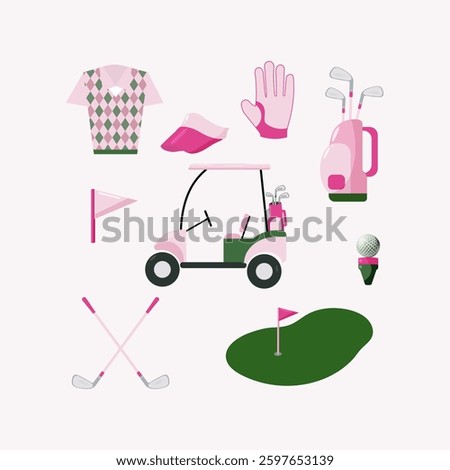A collection of pink-themed golf elements
such as pink golf clubs, cart, flag, gloves, clothe, ball, court, cap, and bag
